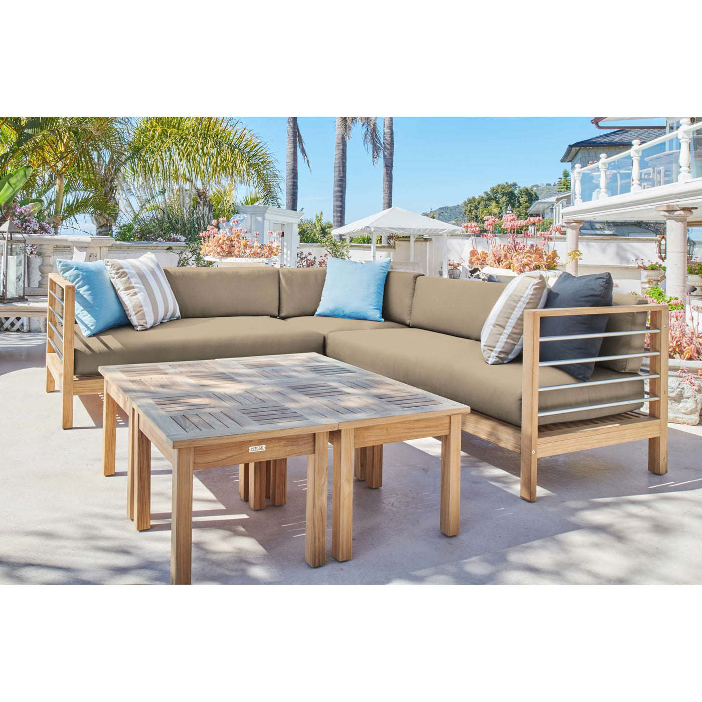 SoHo Teak Outdoor Sectional Left Sofa with Sunbrella® Fawn Cushion
