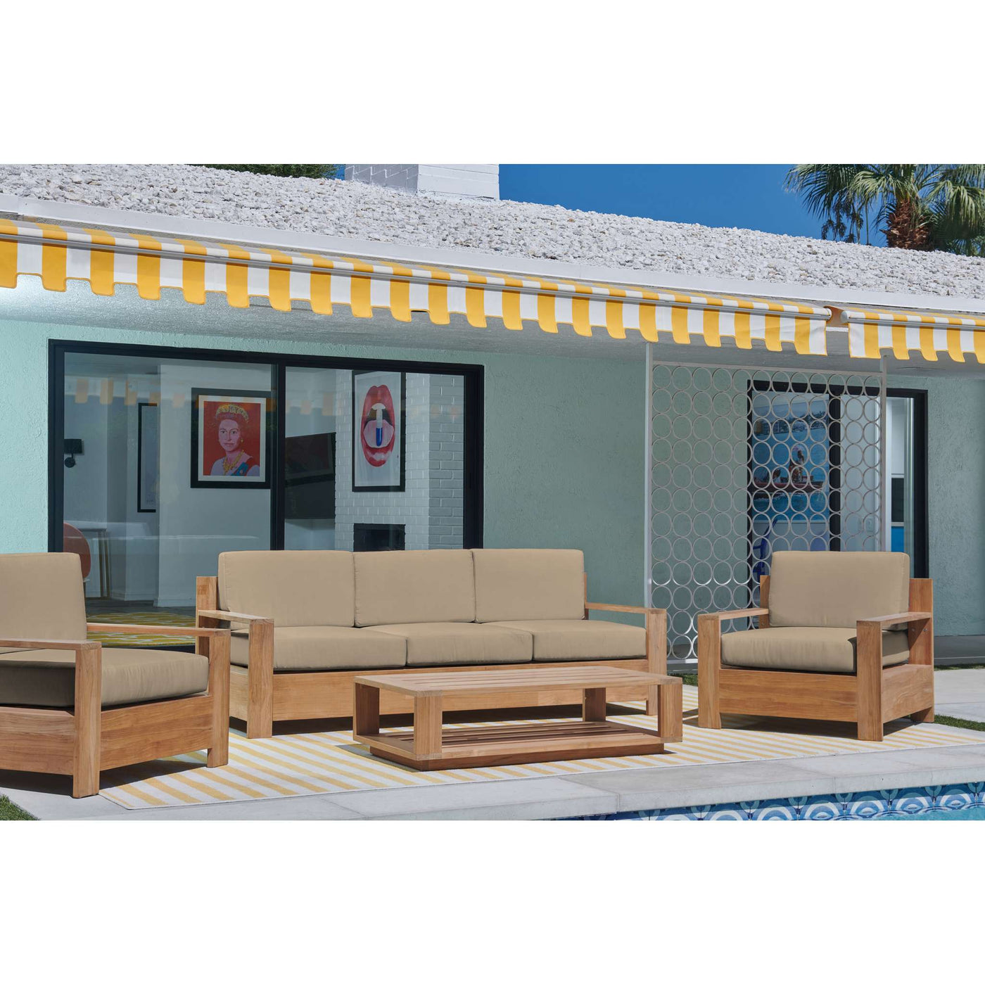 Qube 3-Person Teak Outdoor Sofa with Sunbrella® Canvas Cushion