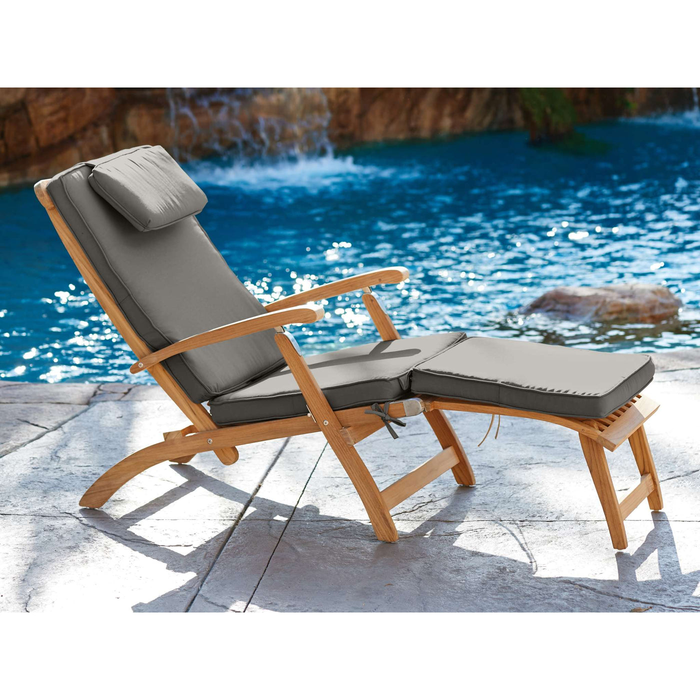 Anders Teak Outdoor Folding Lounge Deck Chair with Sunbrella® Antique Beige Cushion