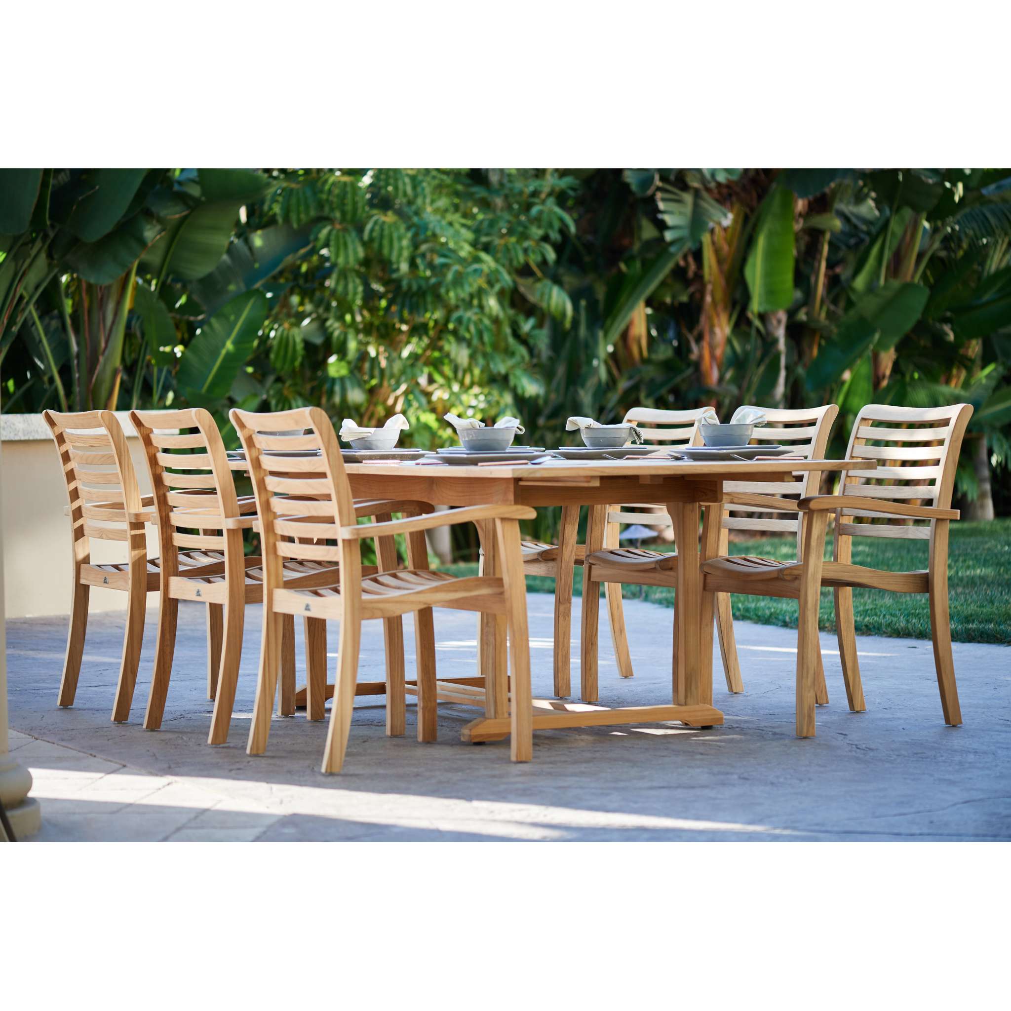 Birmingham 7-Piece Rectangular Teak Outdoor Dining Set with Extendable Table and Stacking Armchairs