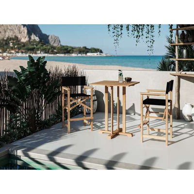 Director 3-Piece Square Teak Outdoor Bar Height Dining Set in Black with Folding Armchairs
