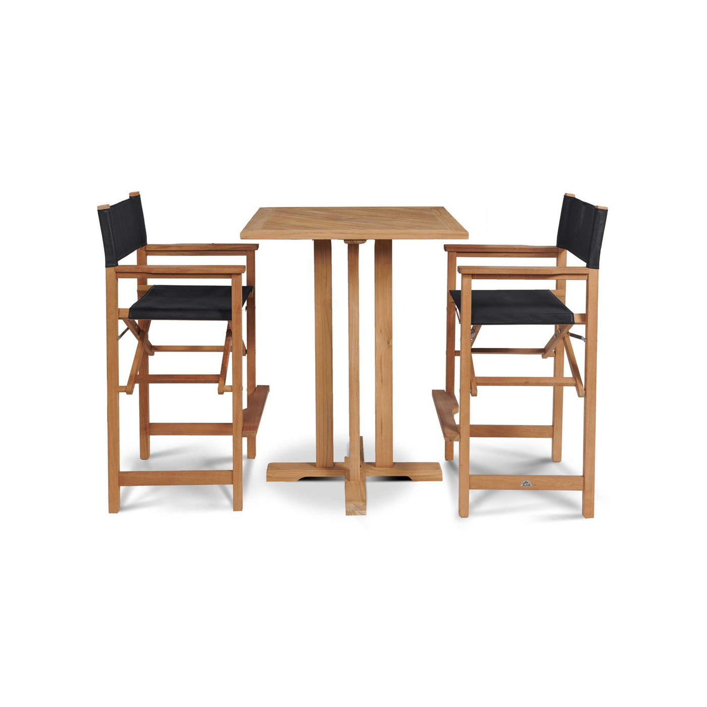 Director 3-Piece Square Teak Outdoor Bar Height Dining Set in Black with Folding Armchairs