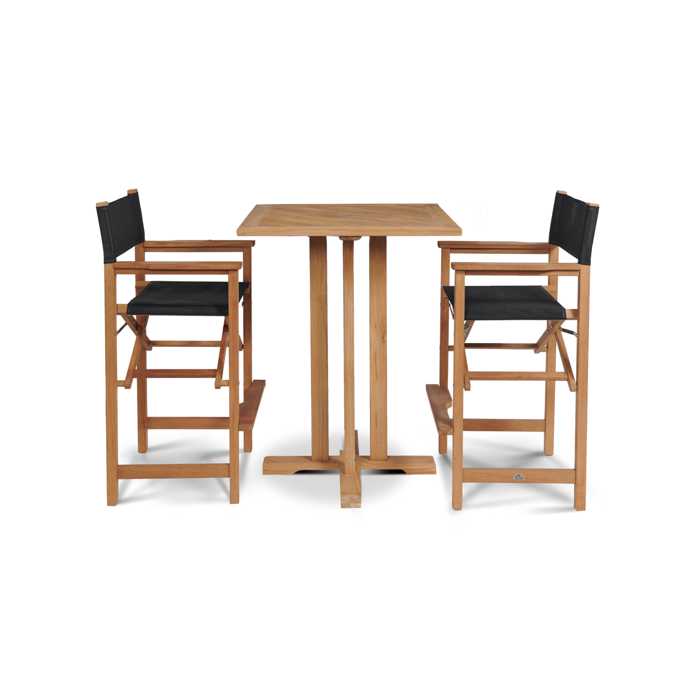 Director 3-Piece Square Teak Outdoor Bar Height Dining Set in Black with Folding Armchairs
