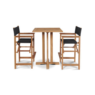 Director 3-Piece Square Teak Outdoor Bar Height Dining Set in Black with Folding Armchairs