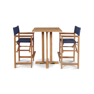 Director 3-Piece Square Teak Outdoor Bar Height Dining Set in Black with Folding Armchairs