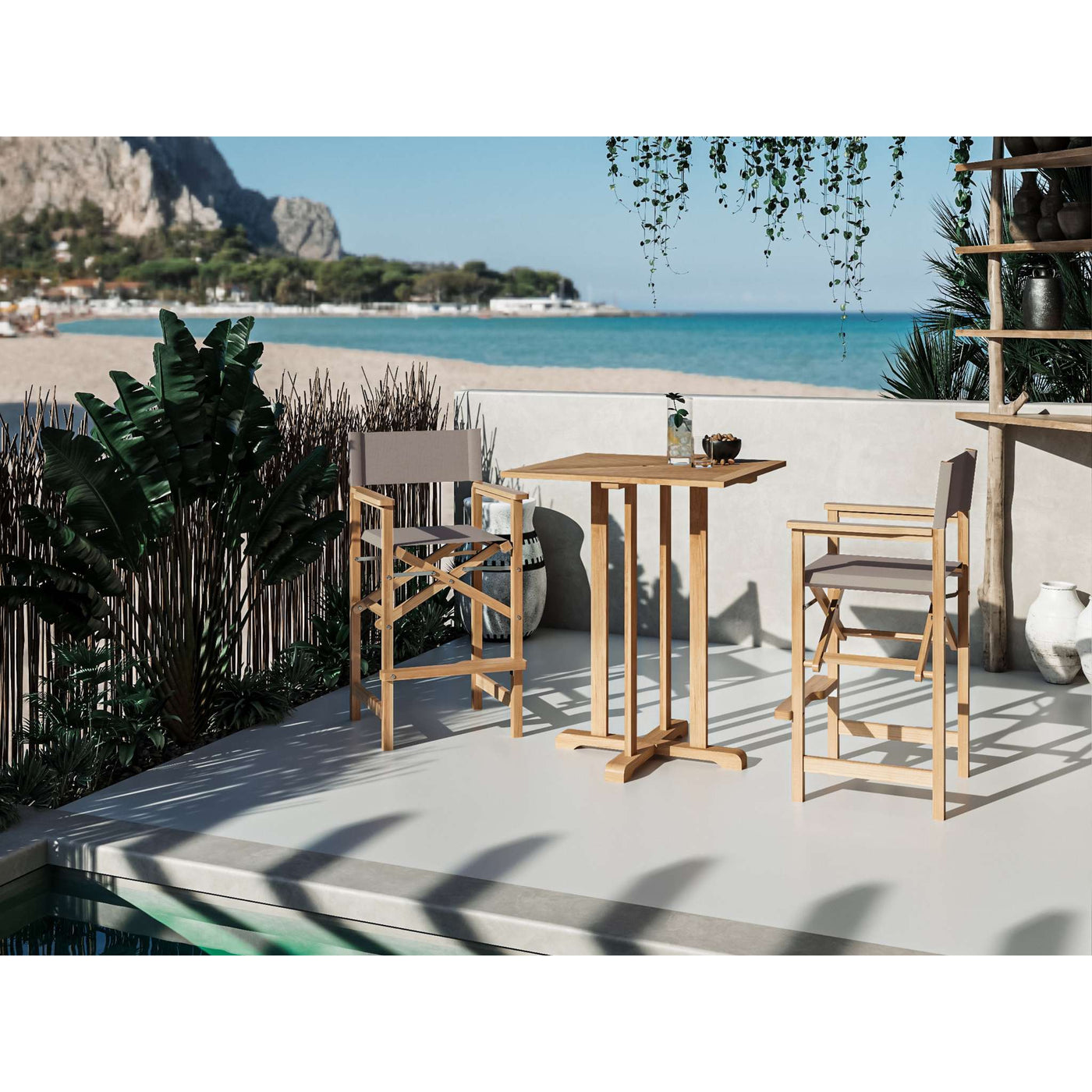 Director 3-Piece Square Teak Outdoor Bar Height Dining Set in Black with Folding Armchairs