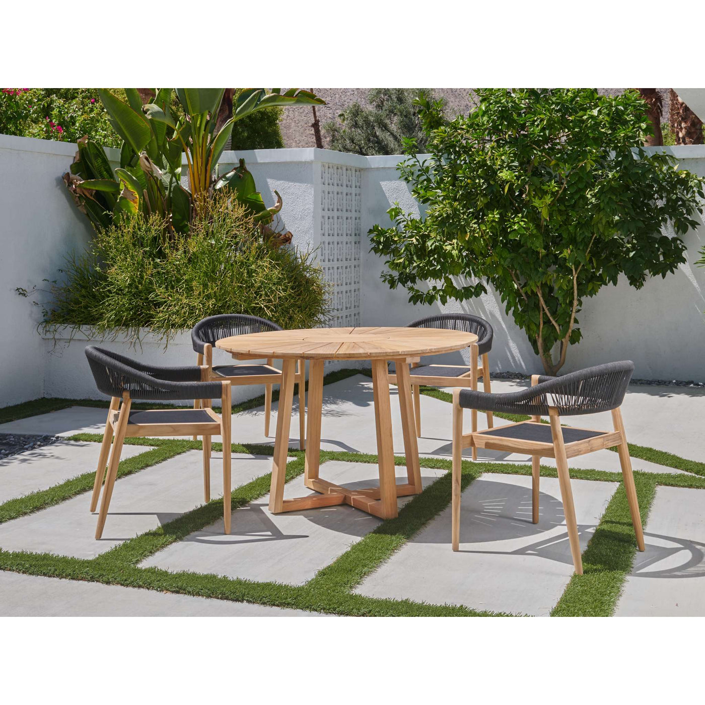 Cambria 5-Piece Round Teak Outdoor Dining Set with Stacking Armchairs