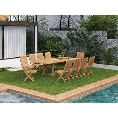 Devon 9-Piece Rectangular Teak Outdoor Family Dining Set with Extendable Table and Folding Chairs