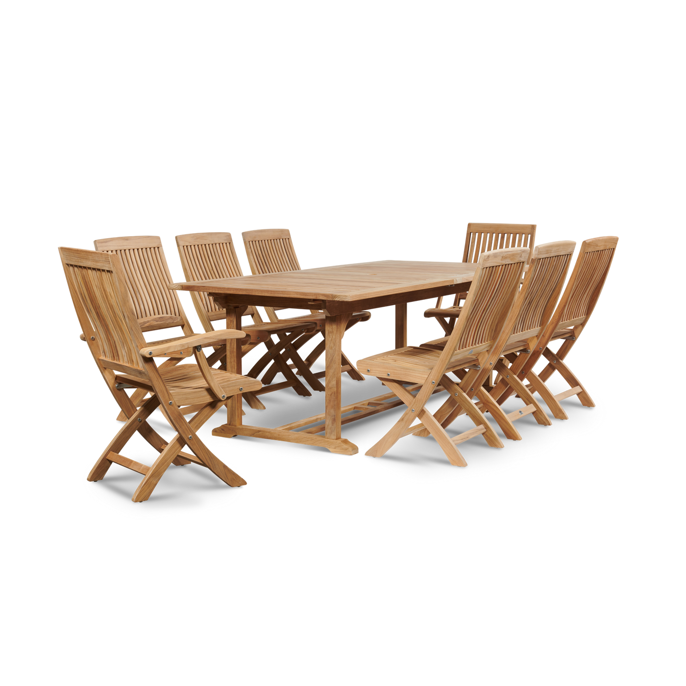 Devon 9-Piece Rectangular Teak Outdoor Family Dining Set with Extendable Table and Folding Chairs