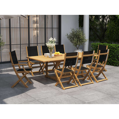 Dalton 9-Piece Teak Outdoor Family Dining Set in Black with Extensions and Folding Chairs