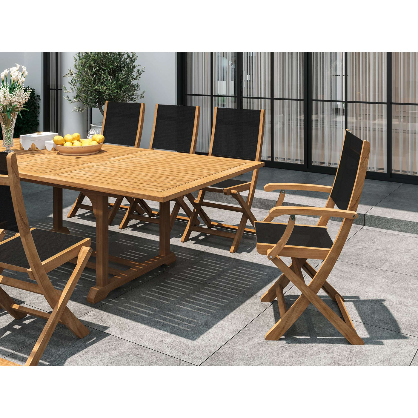 Dalton 9-Piece Teak Outdoor Family Dining Set in Black with Extensions and Folding Chairs