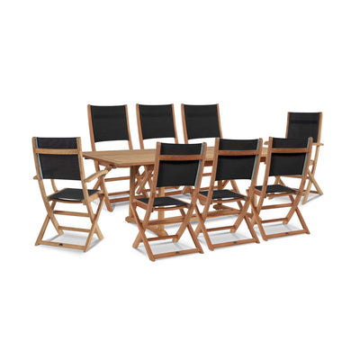 Dalton 9-Piece Teak Outdoor Family Dining Set in Black with Extensions and Folding Chairs