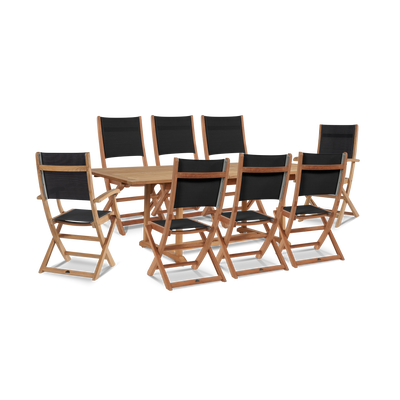 Dalton 9-Piece Teak Outdoor Family Dining Set in Black with Extensions and Folding Chairs