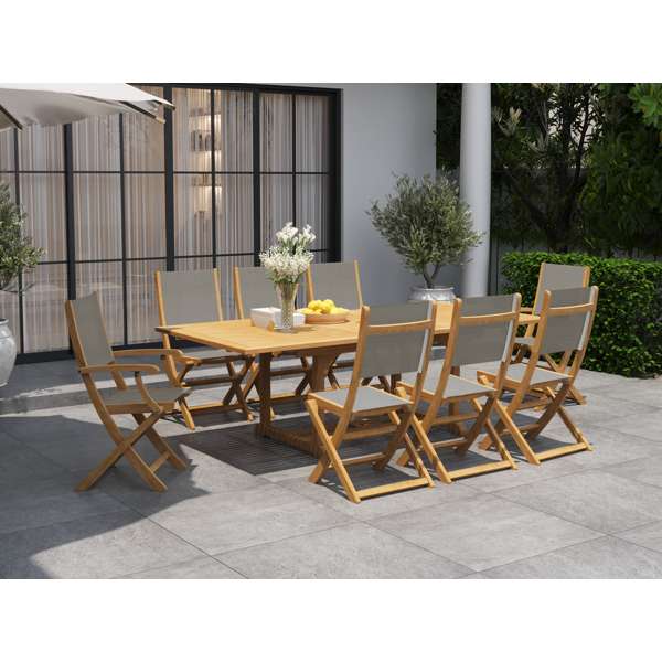 Dalton 9-Piece Teak Outdoor Family Dining Set in Black with Extensions and Folding Chairs