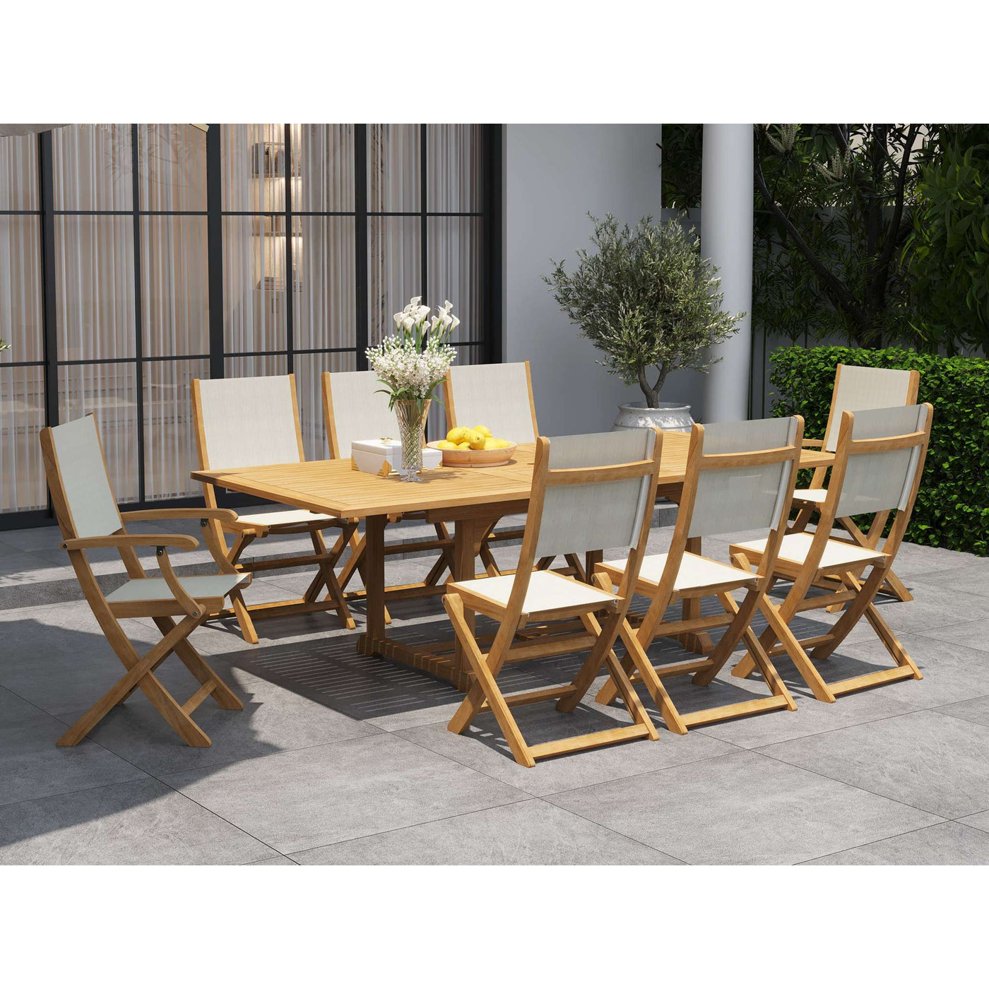 Dalton 9-Piece Teak Outdoor Family Dining Set in Black with Extensions and Folding Chairs