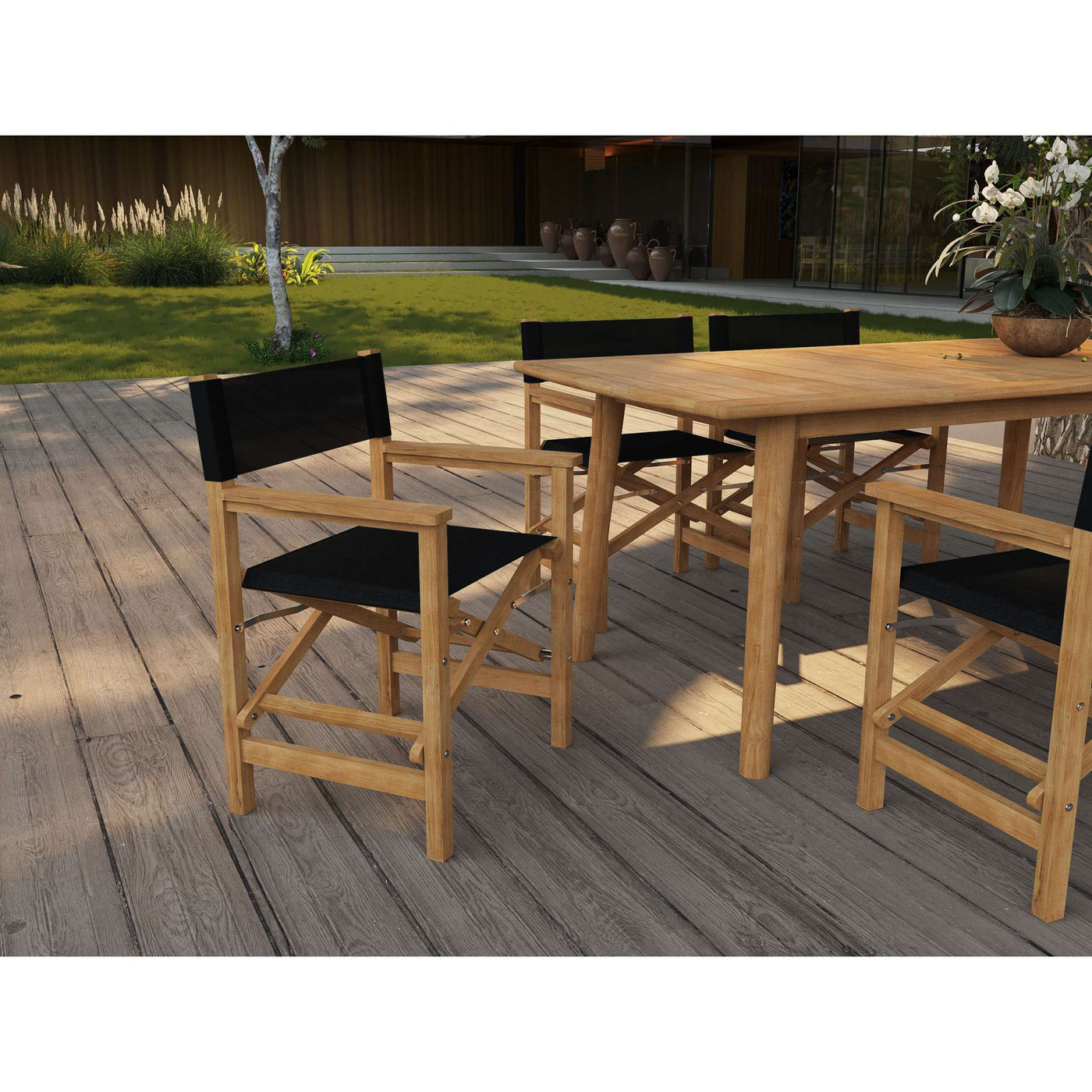 Director 7-Piece Teak Outdoor Family Dining Set in Black with Folding Armchairs