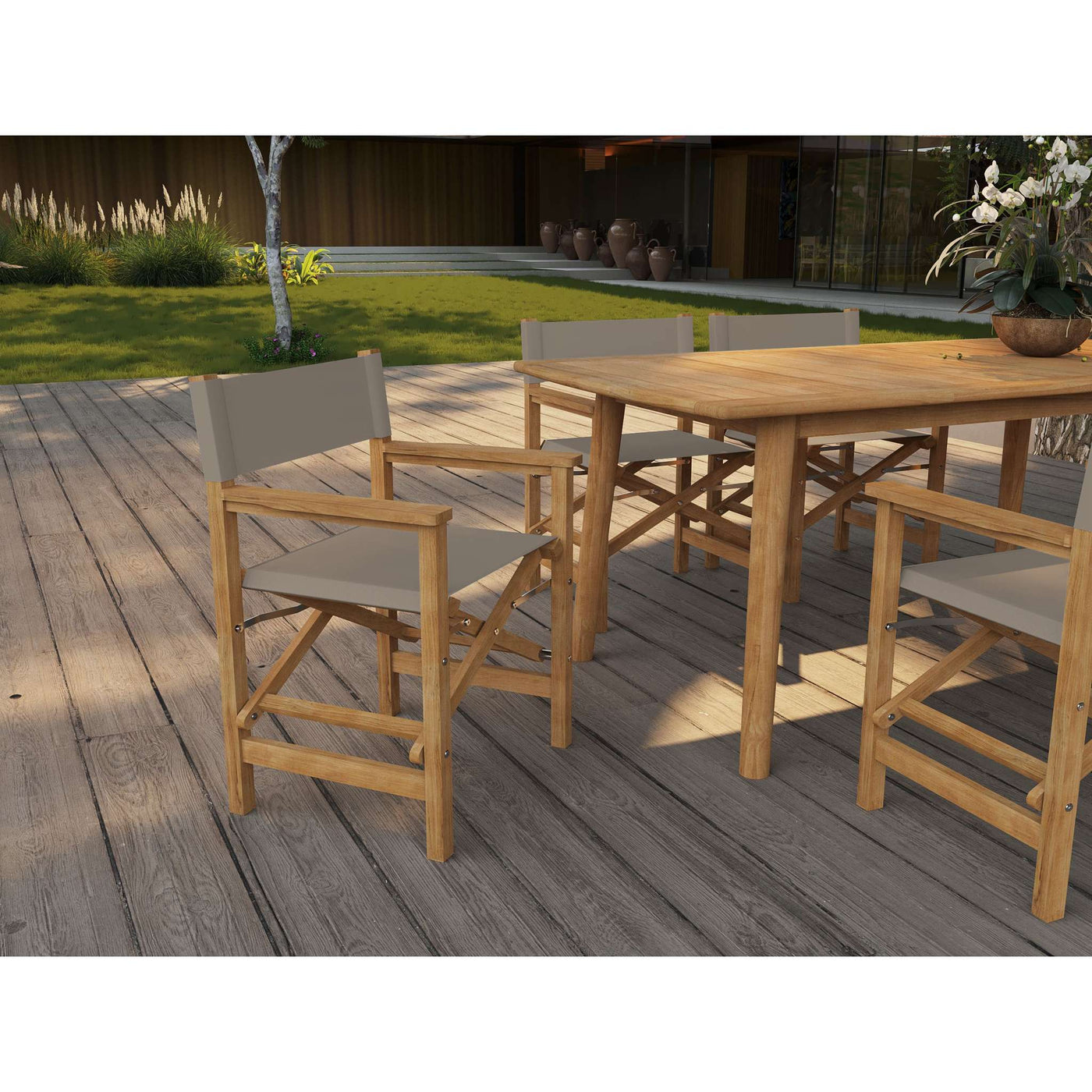 Director 7-Piece Teak Outdoor Family Dining Set in Black with Folding Armchairs