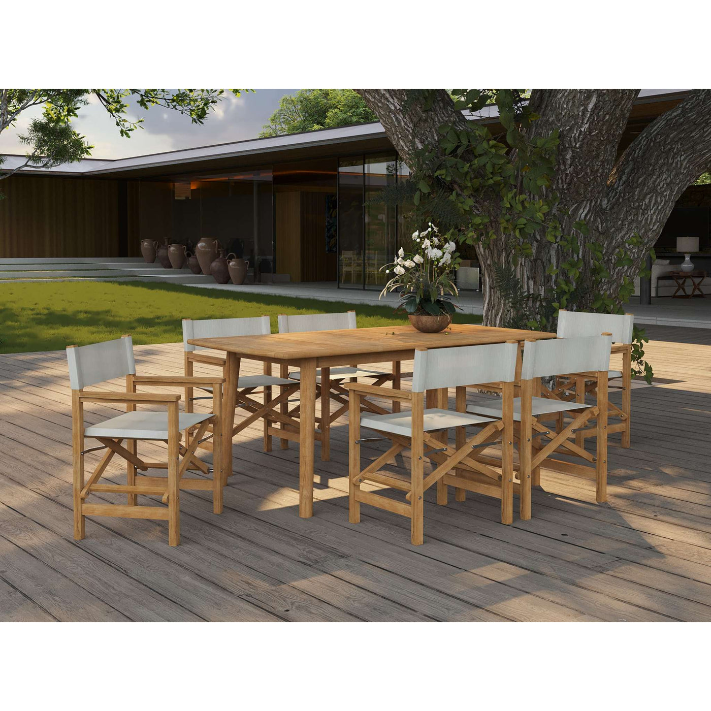 Director 7-Piece Teak Outdoor Family Dining Set in Black with Folding Armchairs