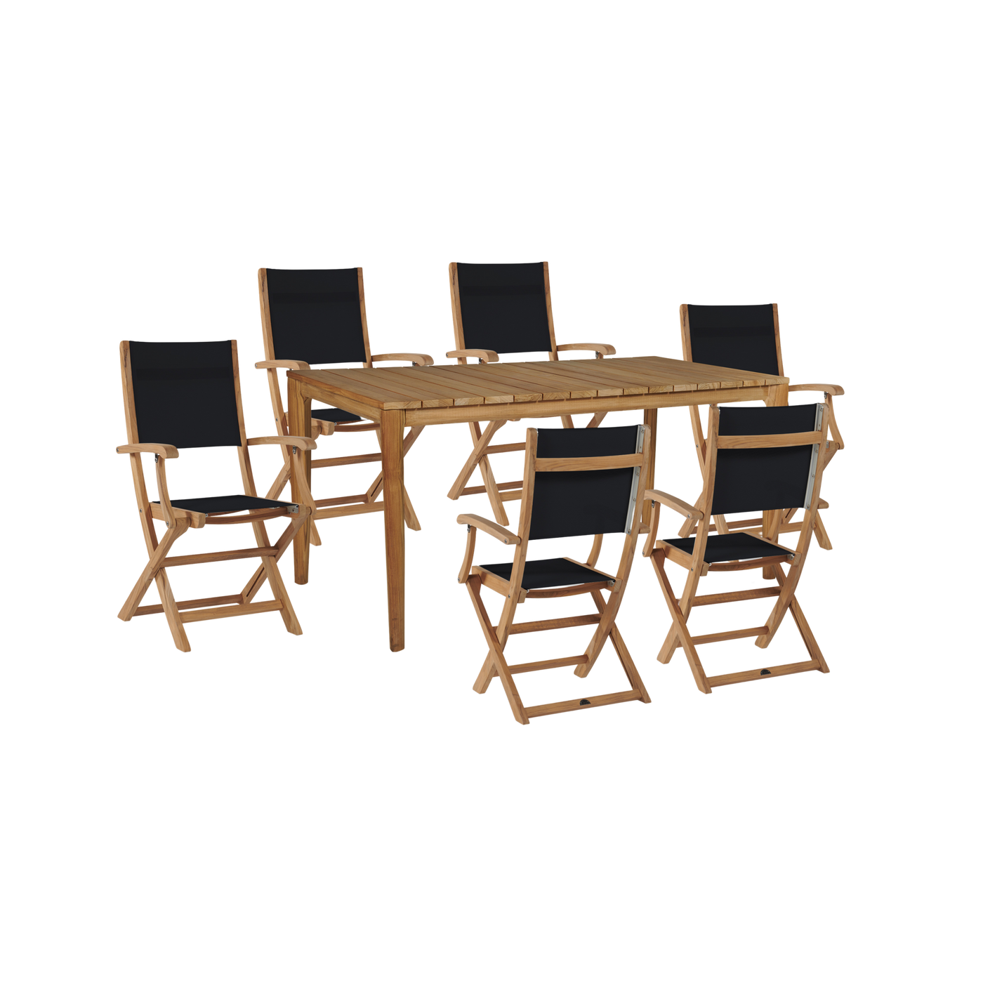 Del Ray 7-Piece Rectangular Teak Outdoor Dining Set in Black with Folding Armchairs
