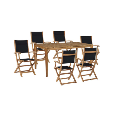 Del Ray 7-Piece Rectangular Teak Outdoor Dining Set in Black with Folding Armchairs