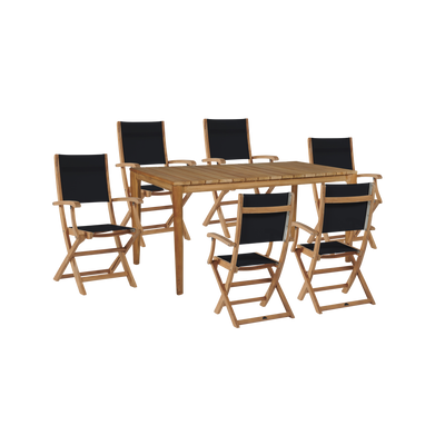 Del Ray 7-Piece Rectangular Teak Outdoor Dining Set in Black with Folding Armchairs