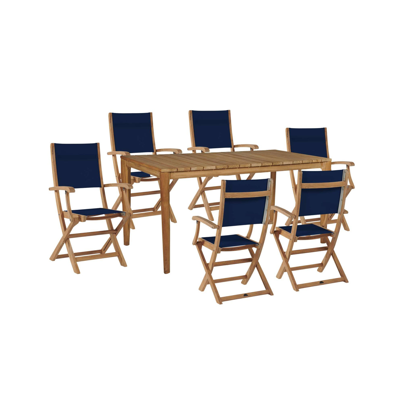 Del Ray 7-Piece Rectangular Teak Outdoor Dining Set in Black with Folding Armchairs