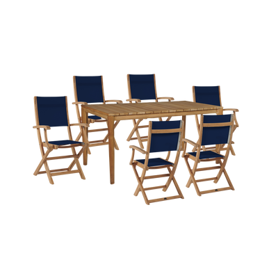 Del Ray 7-Piece Rectangular Teak Outdoor Dining Set in Black with Folding Armchairs