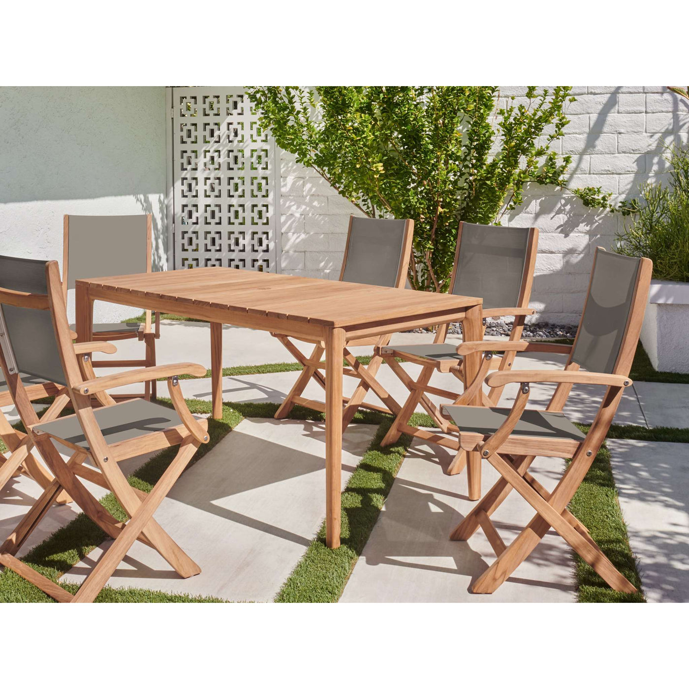 Del Ray 7-Piece Rectangular Teak Outdoor Dining Set in Black with Folding Armchairs