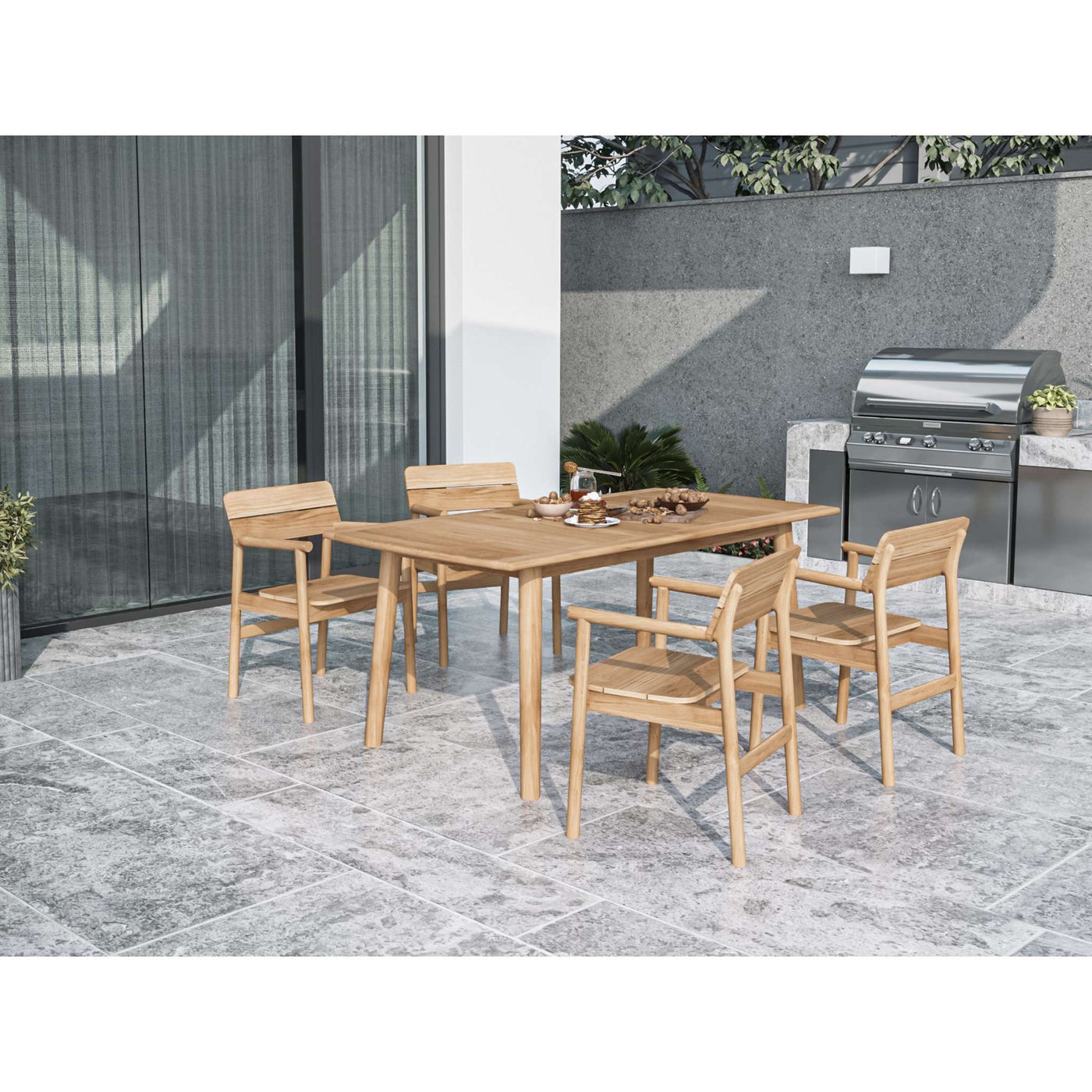 Modurn 5-Piece Rectangular Teak Outdoor Dining Set with Stacking Armchairs