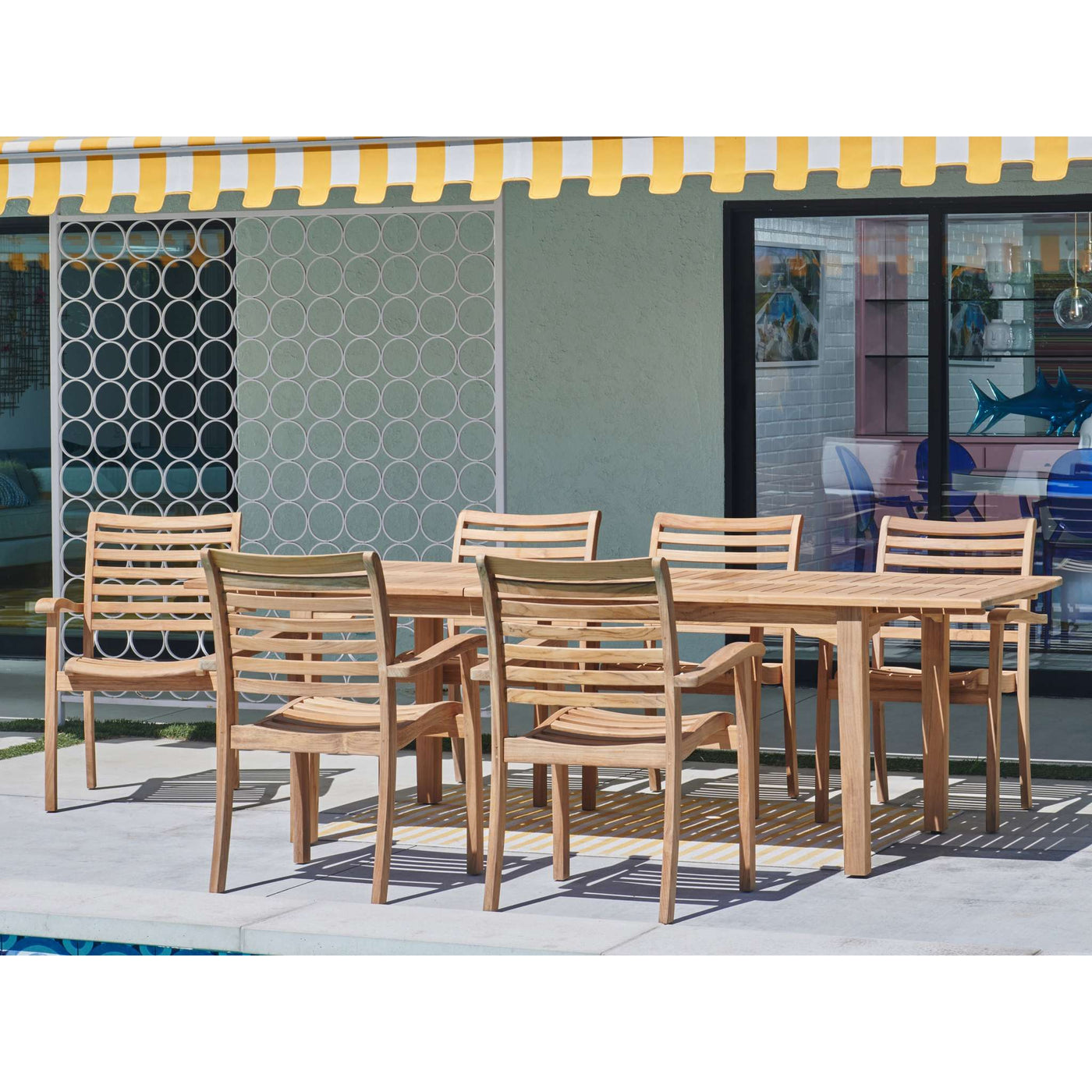 Manorhouse 7-Piece Rectangular Teak Outdoor Dining Set with Extendable Table and Stacking Armchairs
