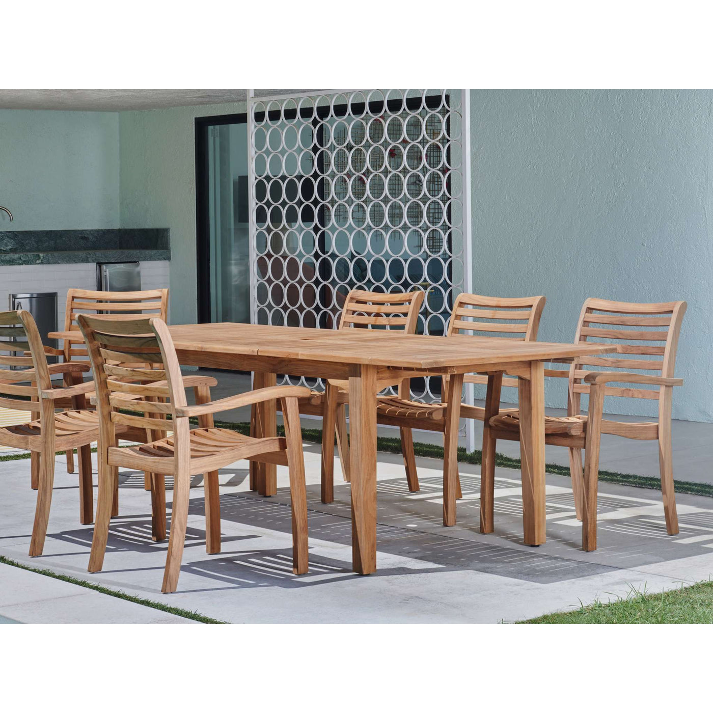 Manorhouse 7-Piece Rectangular Teak Outdoor Dining Set with Extendable Table and Stacking Armchairs