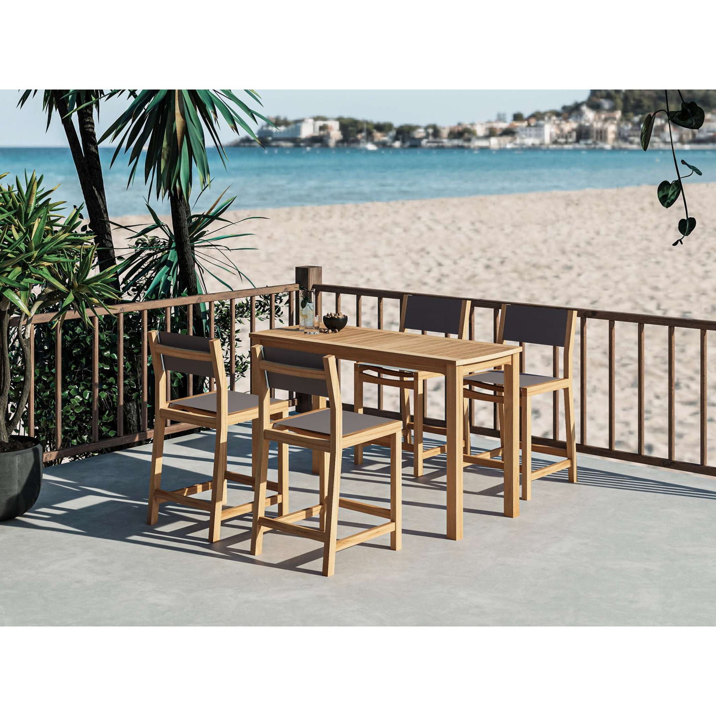 Pearl 5-Piece Rectangular Teak Outdoor Counter Height Dining Set in Black
