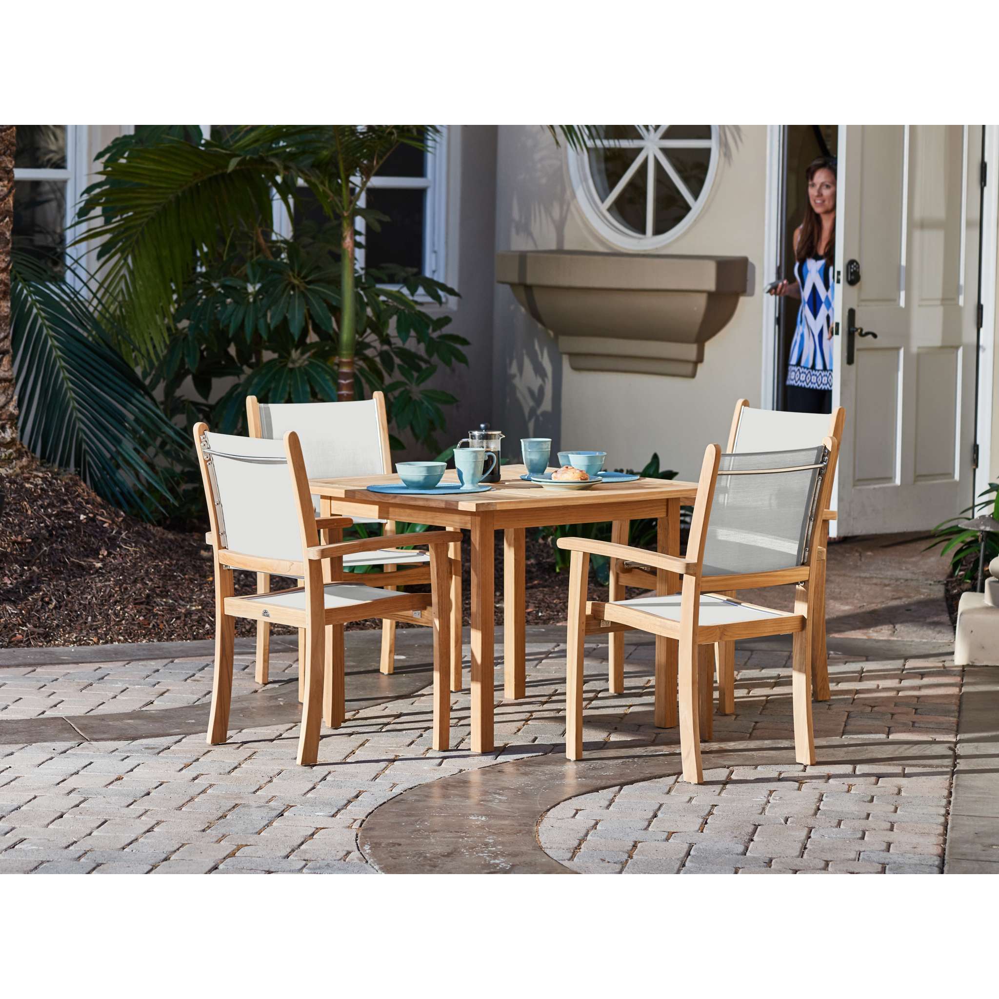 Pearl 5-Piece Square Teak Outdoor Dining Set in Black with Stacking Armchairs