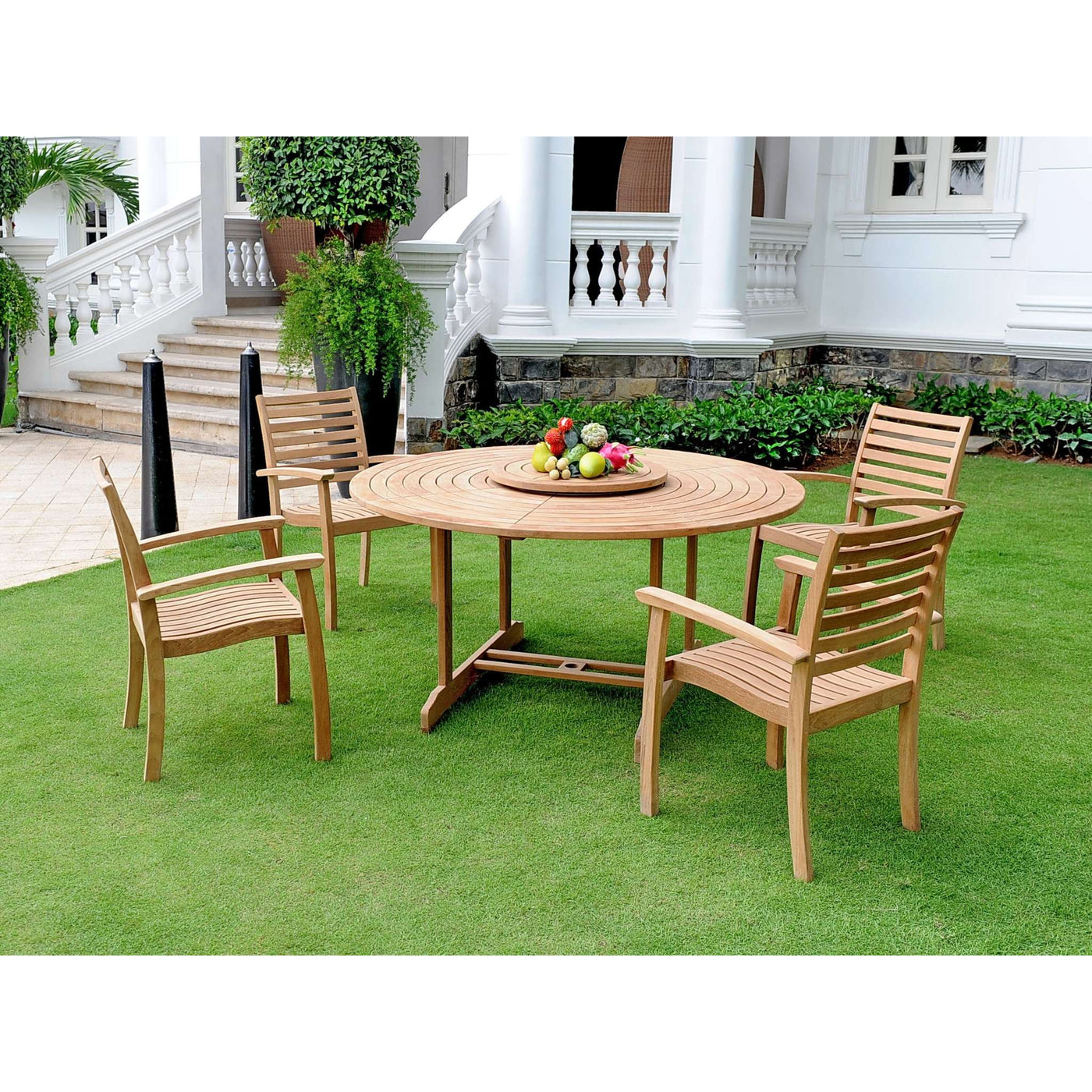 Royal 5-Piece Round Teak Outdoor Dining Set with Lazy Susan and Stacking Armchairs