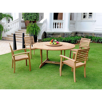 Royal 5-Piece Round Teak Outdoor Dining Set with Lazy Susan and Stacking Armchairs