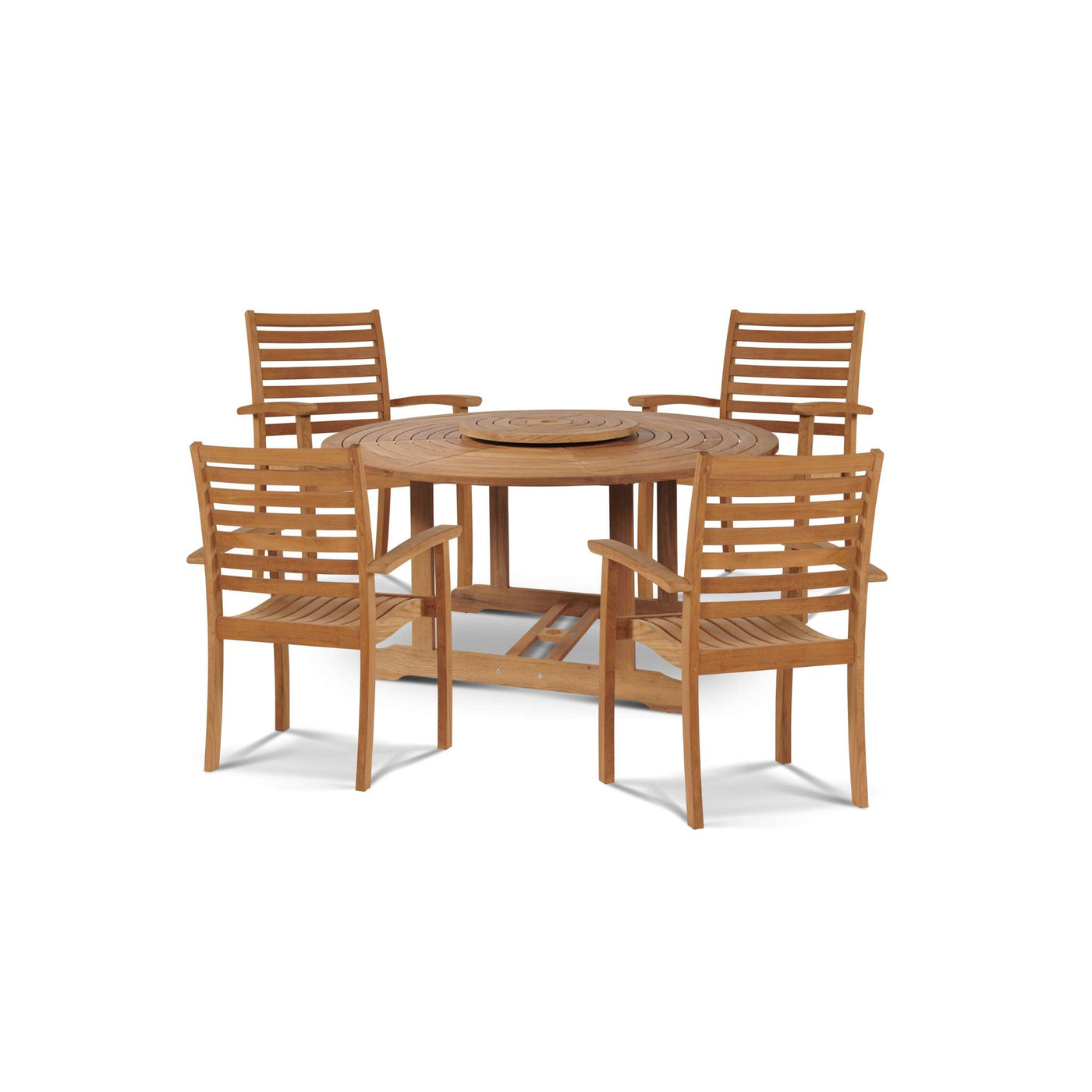 Royal 5-Piece Round Teak Outdoor Dining Set with Lazy Susan and Stacking Armchairs