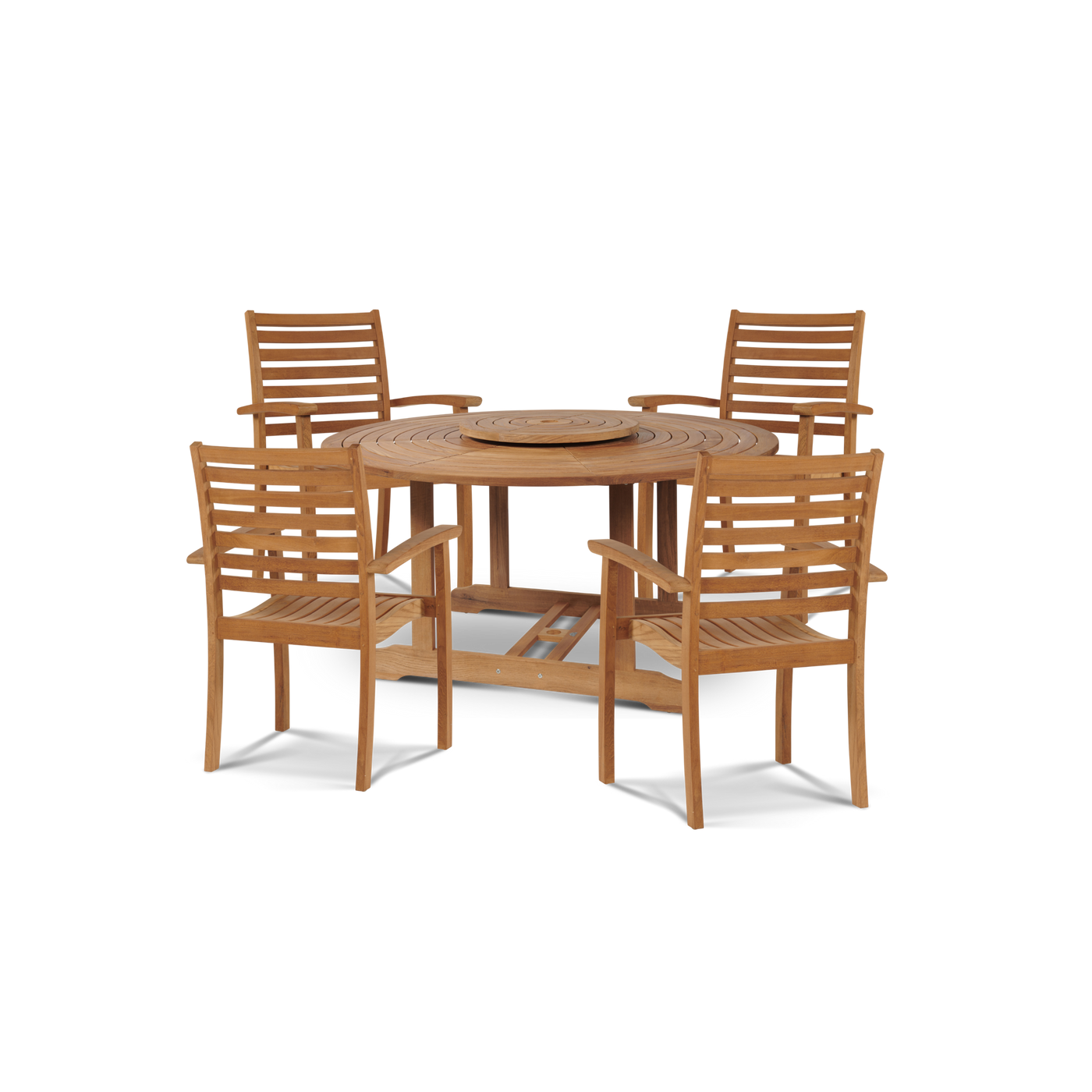 Royal 5-Piece Round Teak Outdoor Dining Set with Lazy Susan and Stacking Armchairs