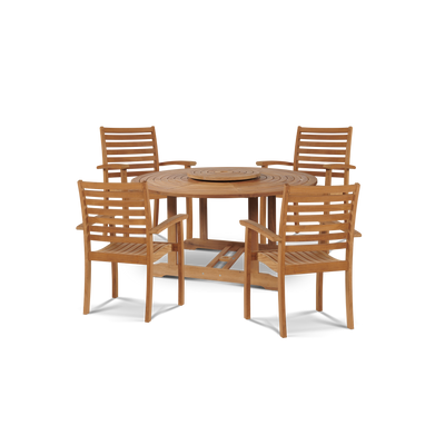 Royal 5-Piece Round Teak Outdoor Dining Set with Lazy Susan and Stacking Armchairs