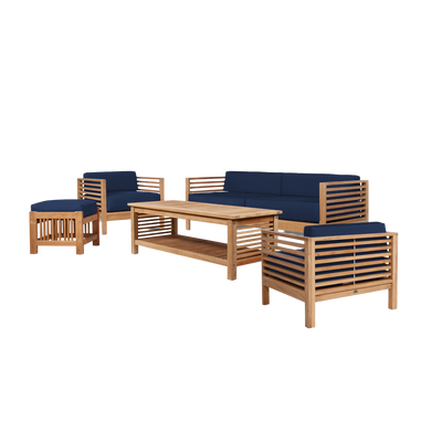 Summer 5-Piece Teak Outdoor Patio Deep Seating Set with Subrella Canvas Cushion