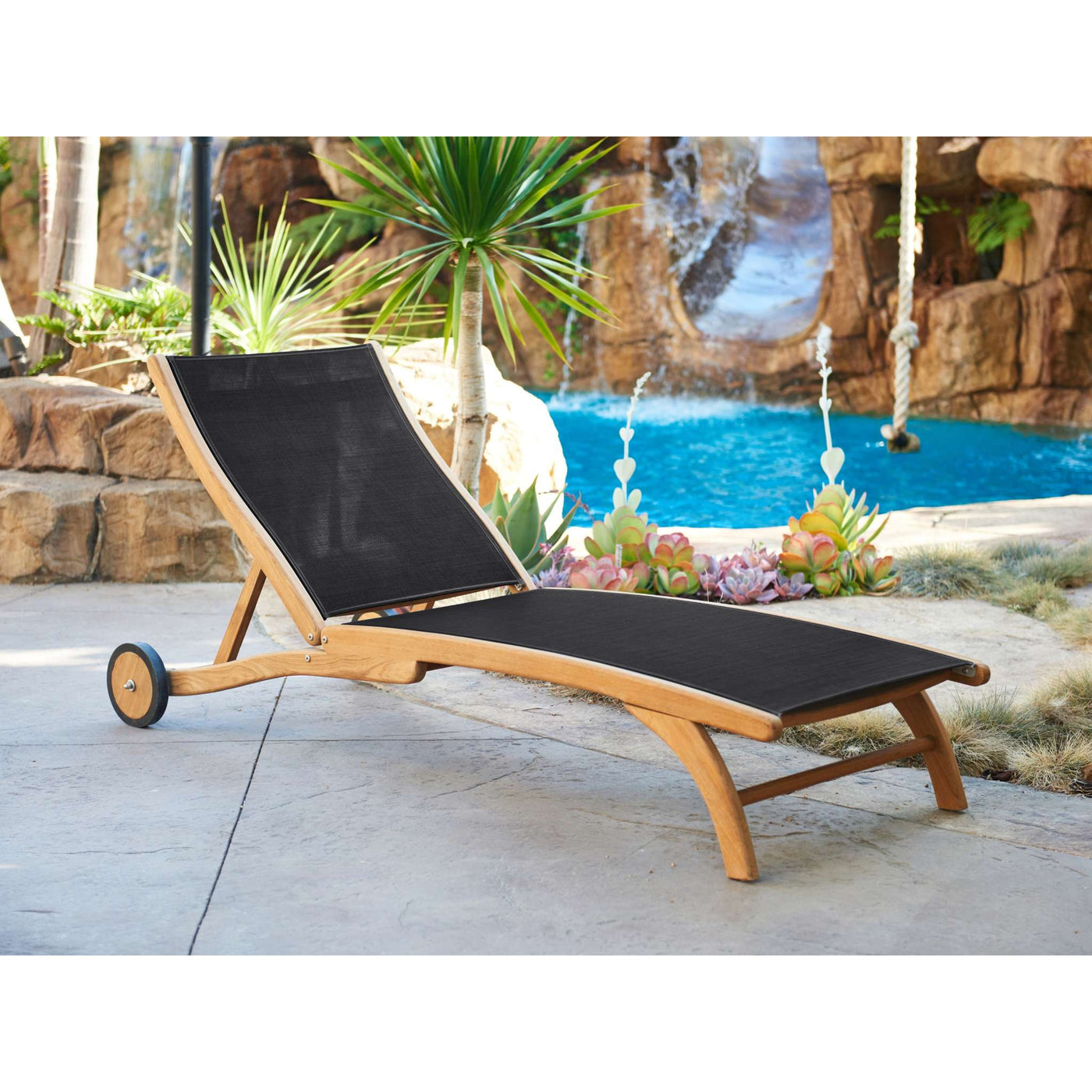 Pearl Teak Outdoor Reclining Sunlounger in Black with Rear Wheels