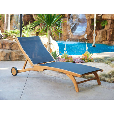 Pearl Teak Outdoor Reclining Sunlounger in Black with Rear Wheels