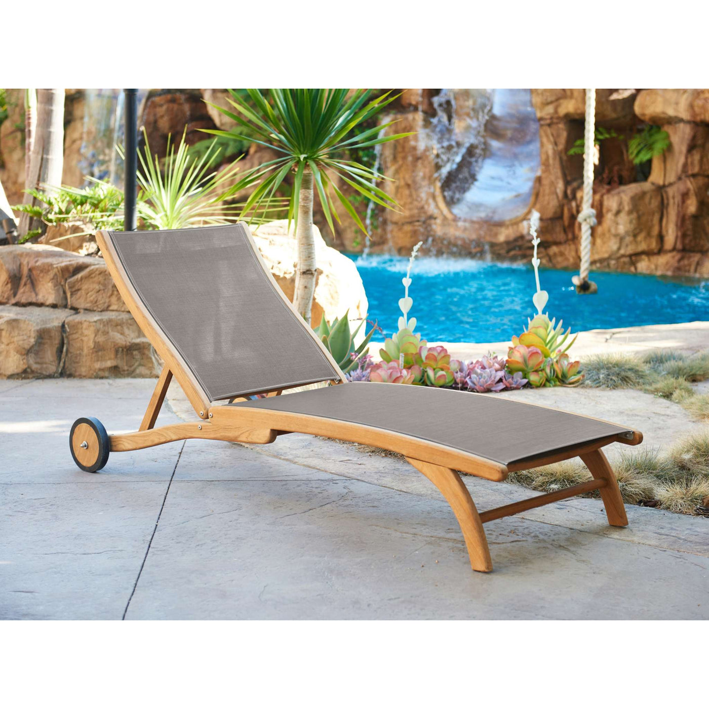 Pearl Teak Outdoor Reclining Sunlounger in Black with Rear Wheels