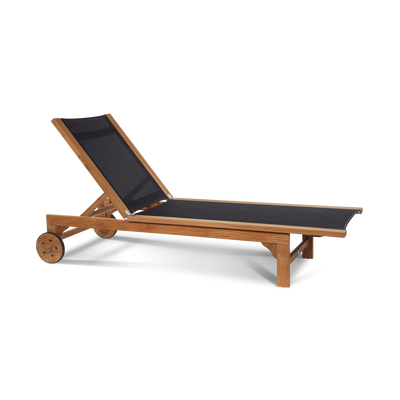 Montauk Teak Outdoor Reclining Sunlounger in Black with Rear Wheels