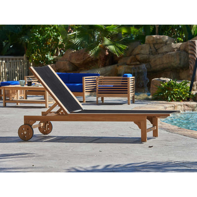 Montauk Teak Outdoor Reclining Sunlounger in Black with Rear Wheels