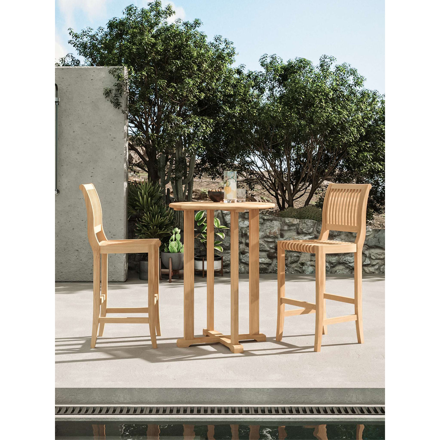 Palm Round Teak Outdoor Bar Height Bistro Table with Umbrella Hole