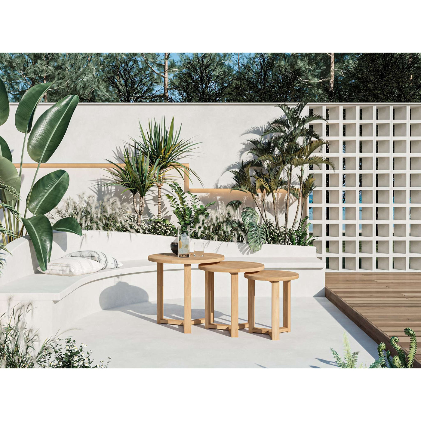 Large Round Teak Outdoor Cross Legs Nesting Side Table