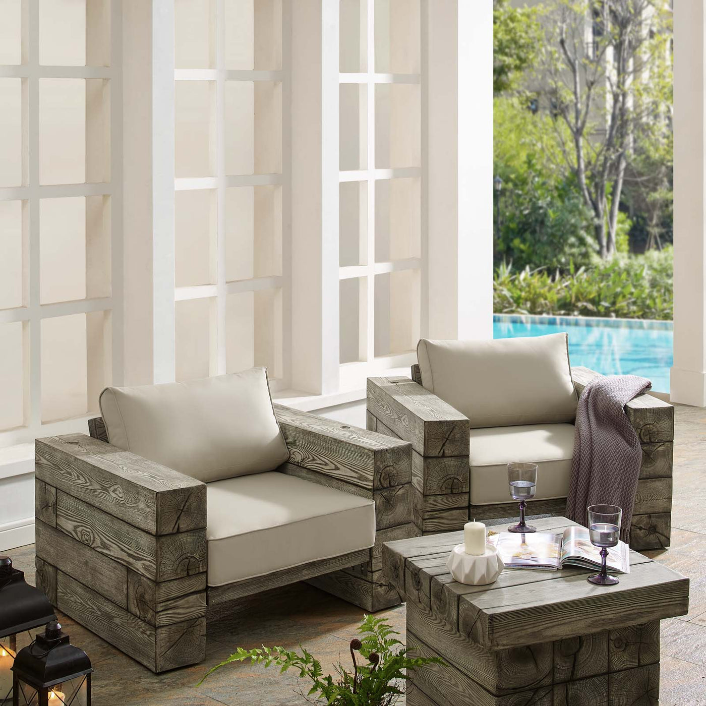 Manteo Rustic Coastal Outdoor Patio Sunbrella® Lounge Armchair Set of 2