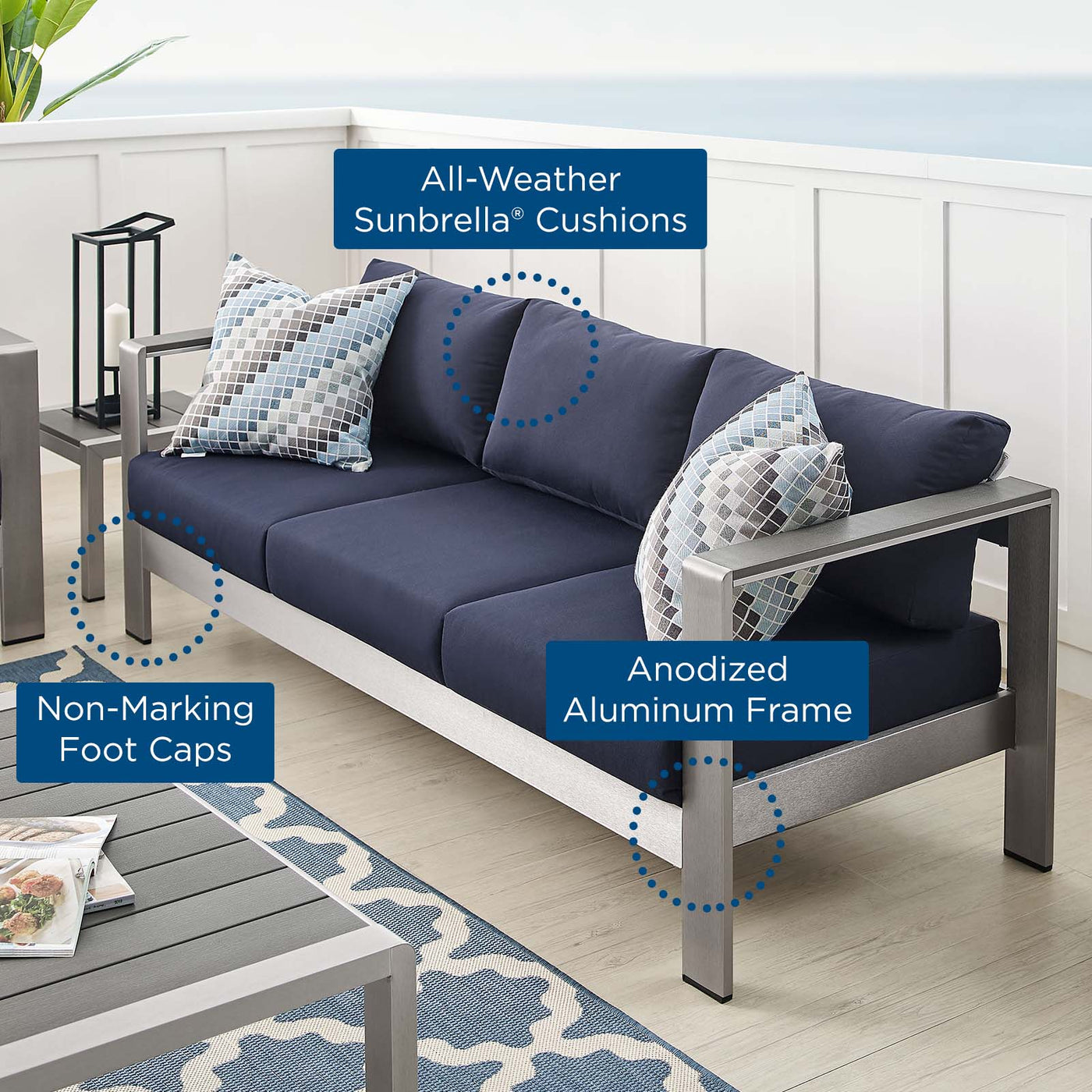 Shore Sunbrella® Fabric Aluminum Outdoor Patio Sofa