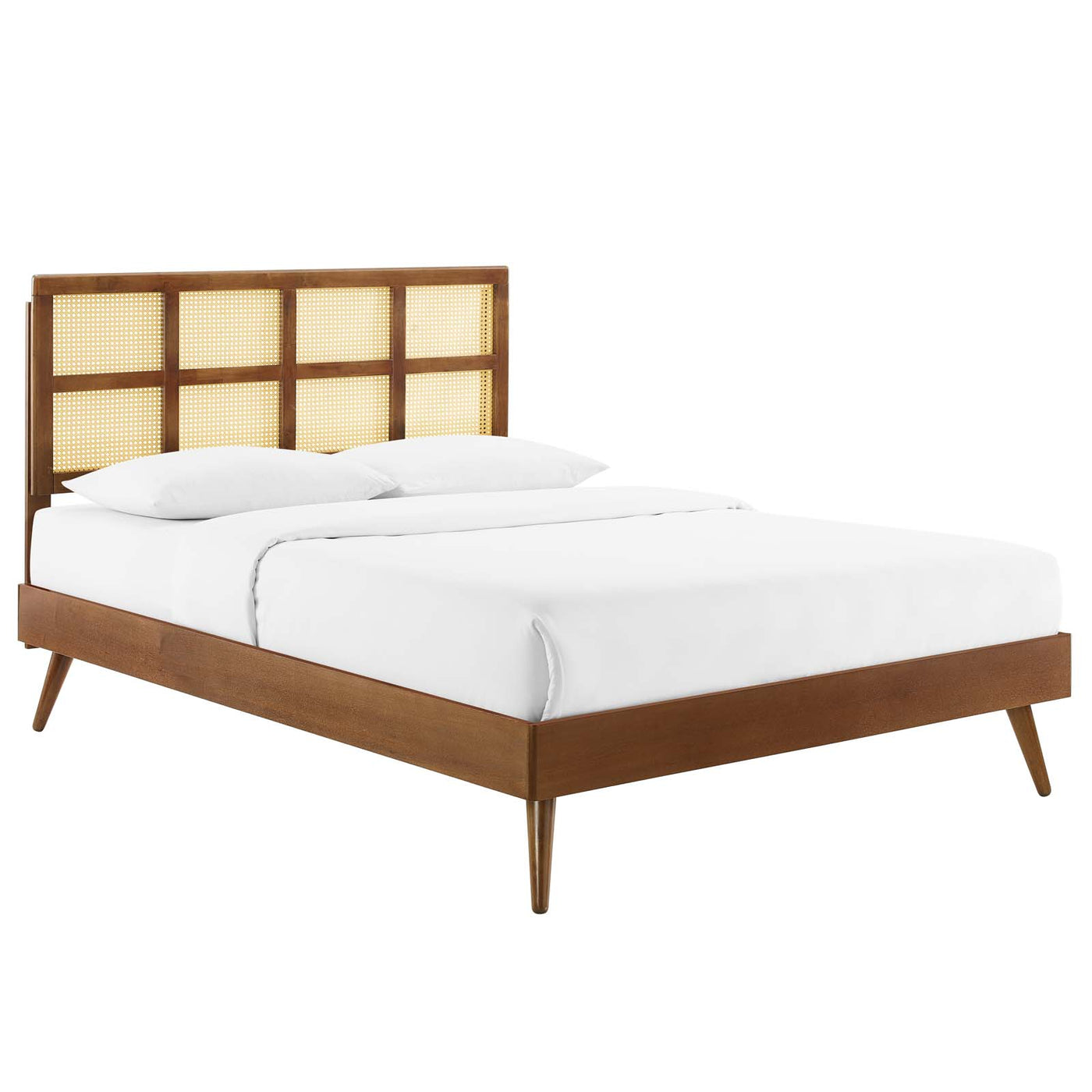 Sidney Cane and Wood Full Platform Bed With Splayed Legs